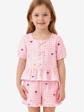 Cutie Patootie Girls Pink Gingham Heart Toddlers 2pc Puff Sleeve Short Set